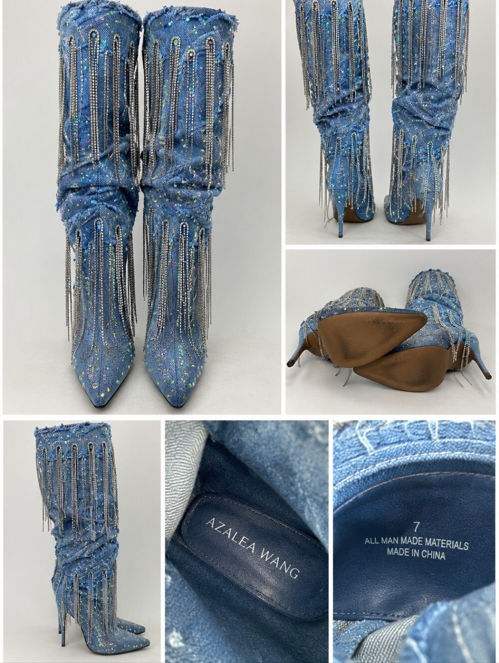 NWOB Azalea Wang Mischief Denim Crystal Fringe Stiletto Boots Size 7